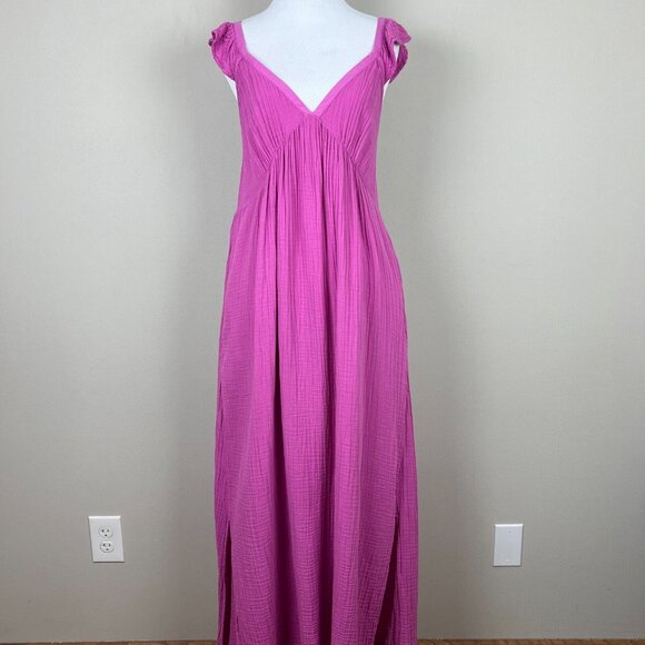 Xirena Maxi Dress Medium Pink Purple Leia Cotton Gauze Ruffle V-Neck Summer Slit - Picture 1 of 15
